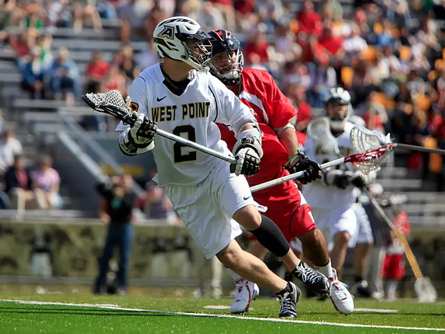 In this picture we can see some people wore helmets, holding lacrosse sticks with their hands,...